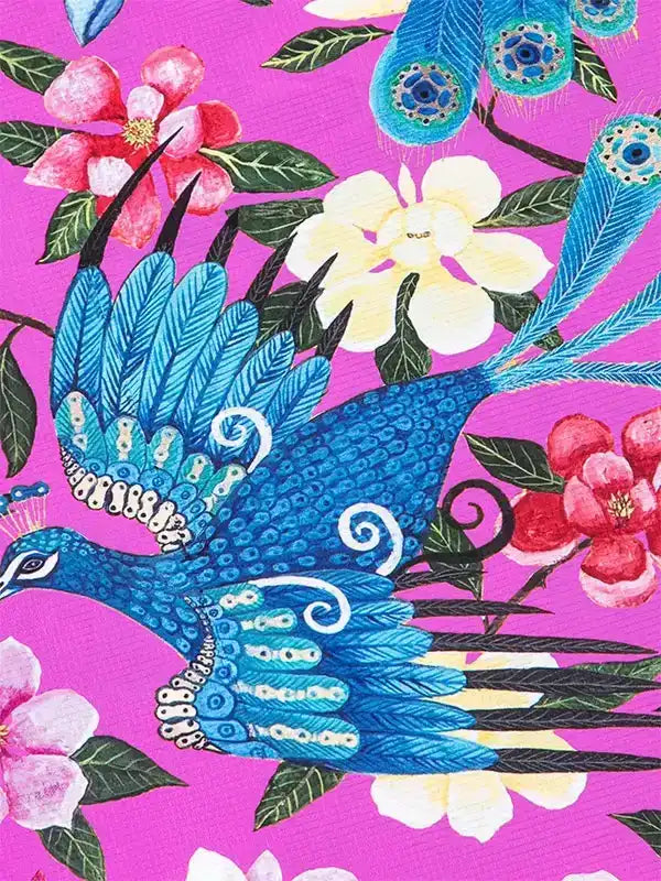 Vibrant blue peacock and floral print on pink cycling fabric, ideal for women's or men's bike wear