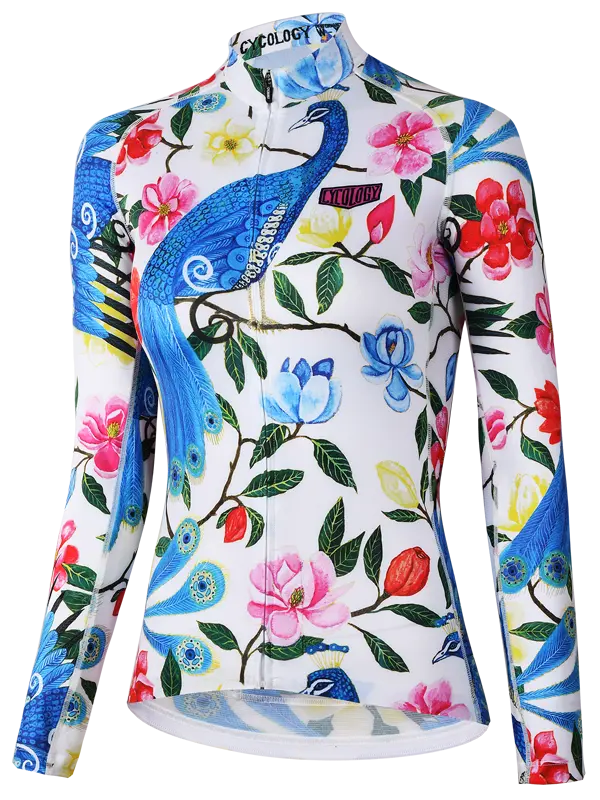 Goddess is a women's long sleeve cycling jersey featuring a floral and bird print design in vibrant colors on a white background.