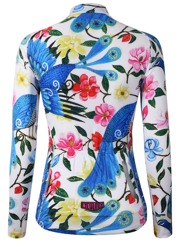 Goddess White Women's Long Sleeve Summer Cycling Jersey with peacock and floral pattern on a white background