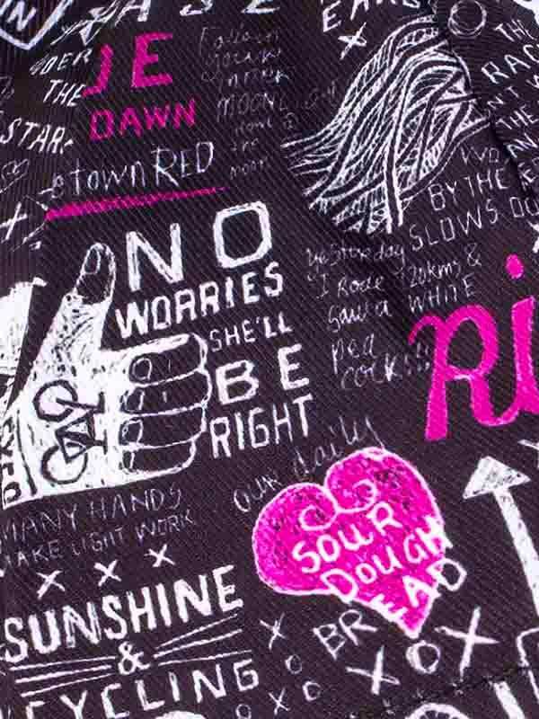 Black cycling jersey with bold pink and white graphic print, featuring phrases like 'No Worries' and 'Sunshine & Cycling'