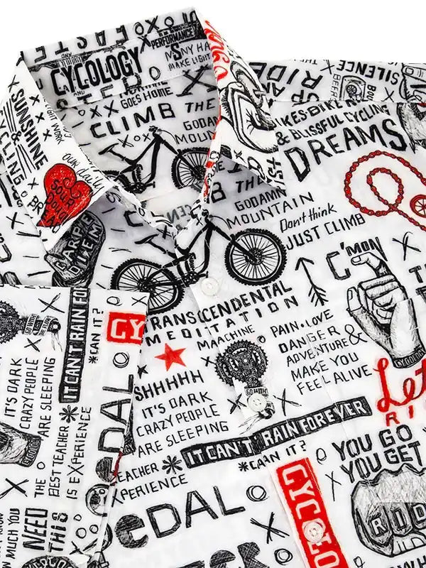 Men's cycling shirt with bold bike graphics, motivational quotes, and red accents on white fabric