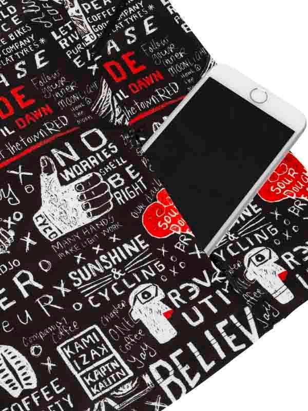 Cycling-themed fabric with bold text and graphics, featuring phrases like 'No Worries' and 'Cycling', styled with a smartphone.