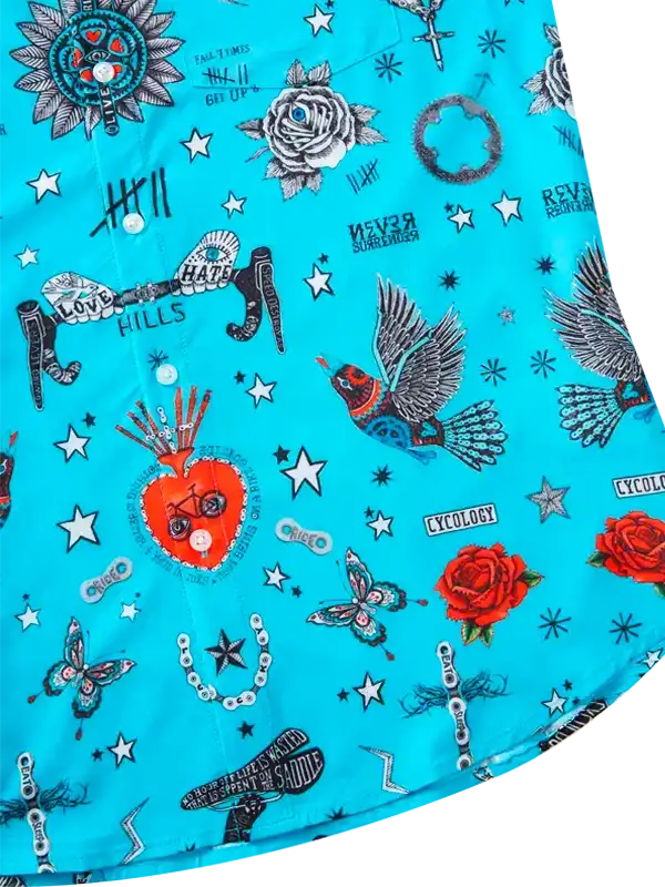 Vibrant blue cycling shirt with roses, birds, stars, and bike-themed graphics for men and women
