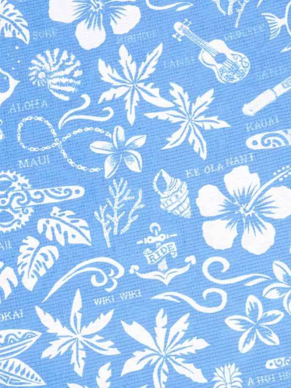 Blue cycling fabric with white tropical prints: hibiscus, ukulele, palm leaves, and Hawaiian words like Aloha, Maui, Ride