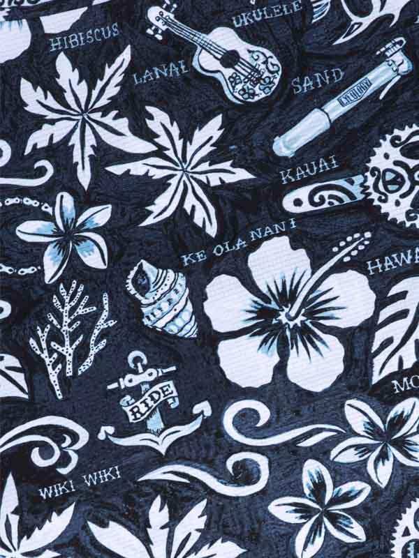 Hawaiian-themed cycling fabric with hibiscus, ukulele, and tropical prints for men's and women's apparel