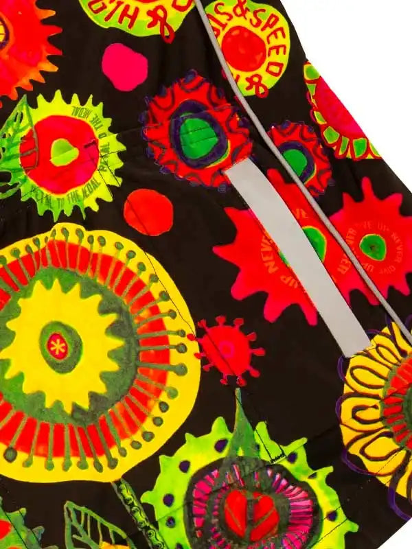 Vibrant neon cycling shorts with bold gear and speed graphics, perfect for men's and women's bike rides