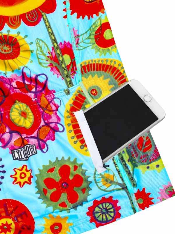 Colorful cycling shorts with floral and gear print, featuring a phone pocket for convenience.