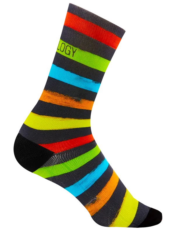 Colorful striped cycling sock on a black background