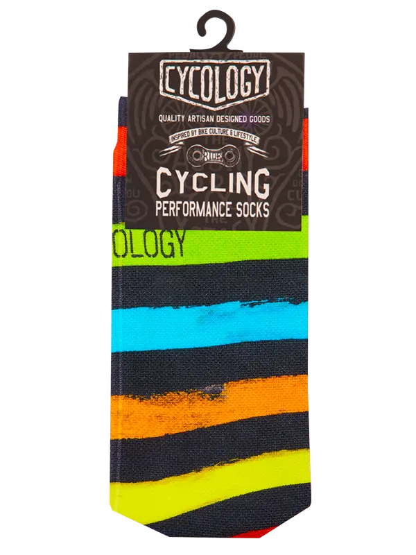 Packaging of Cycology cycling performance socks with colorful stripes on a white background