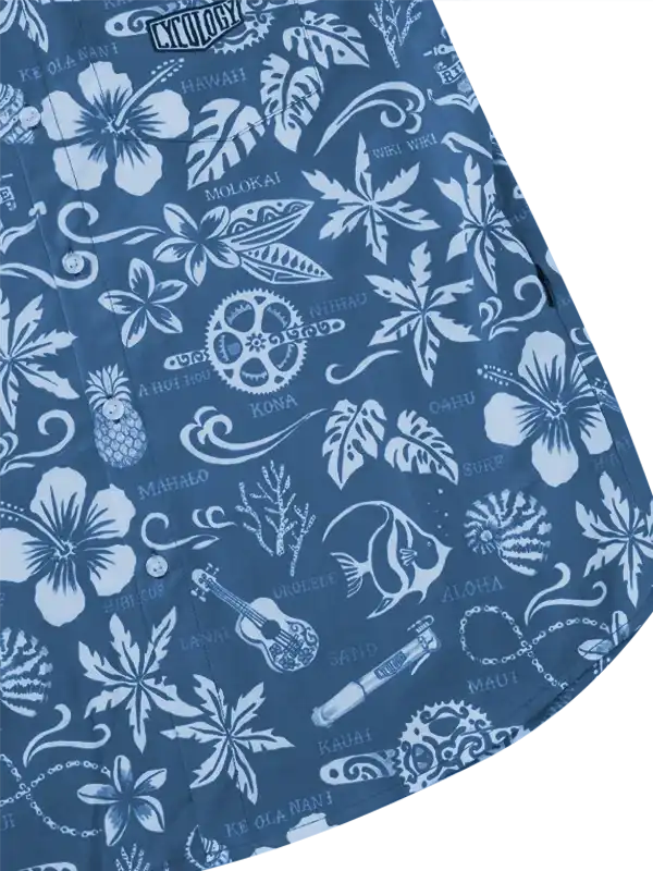 Blue cycling shirt with white Hawaiian floral and bike gear print, tropical design for men and women