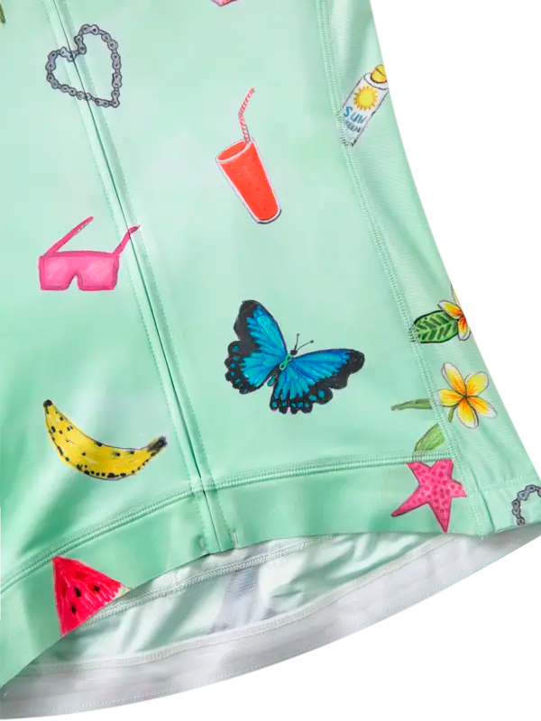 Light green cycling jersey with colorful tropical patterns