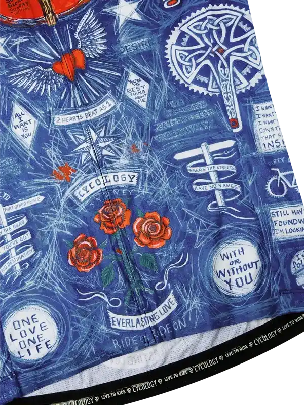 Close-up of a blue and white patterned fabric with text and roses, featuring Cyclology branding.
