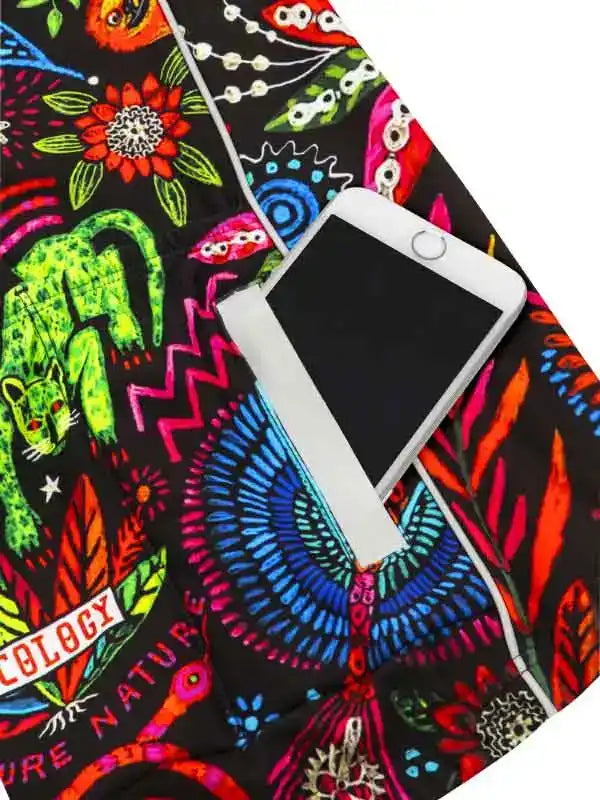 Vibrant floral and animal print cycling shorts with phone pocket, featuring bold colors and nature-inspired designs.