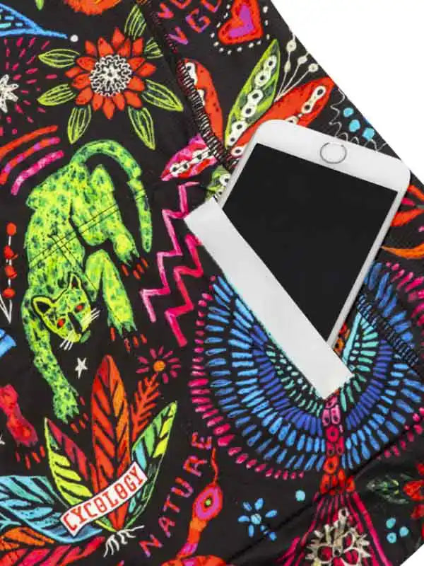 Vibrant floral and animal print cycling shorts with phone pocket, featuring bold neon colors and nature designs.