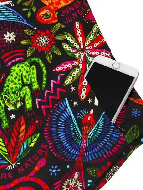 Vibrant jungle-themed cycling shorts with neon animals, flowers, and phone pocket for riders