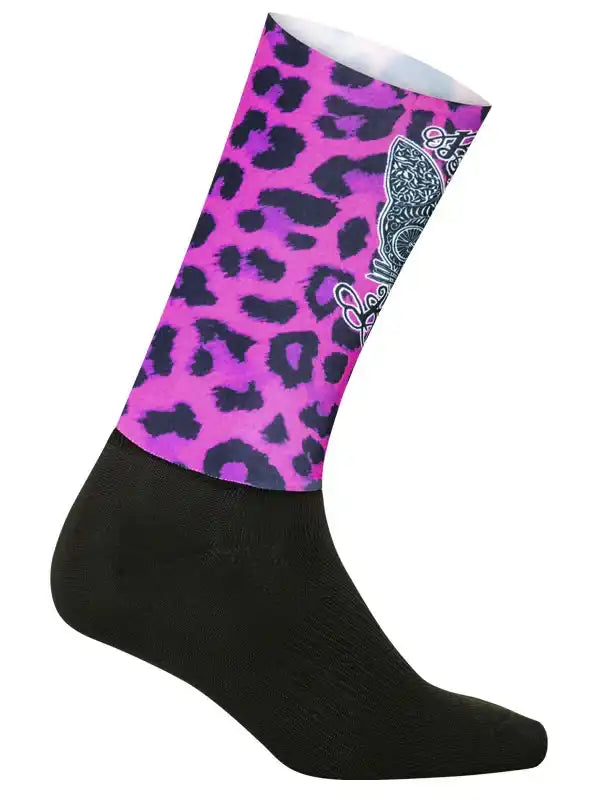 Vibrant pink leopard print cycling sock with black foot and decorative butterfly design