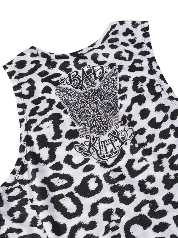 Leopard print cycling tank top with 'Bad Ass Kitty' graphic design