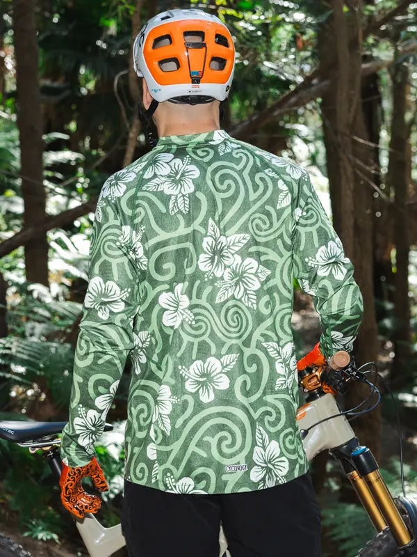 Koa Green Men's Long Sleeve Mountain Bike Jersey on model back | Cycology AUS