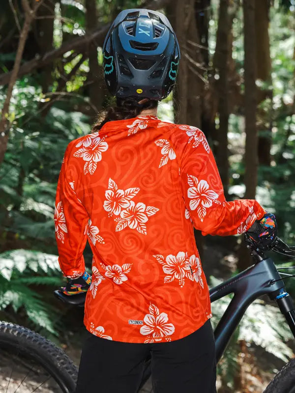Koa Red Womens Long Sleeve MTB Jersey on model Back | Cycology AUS