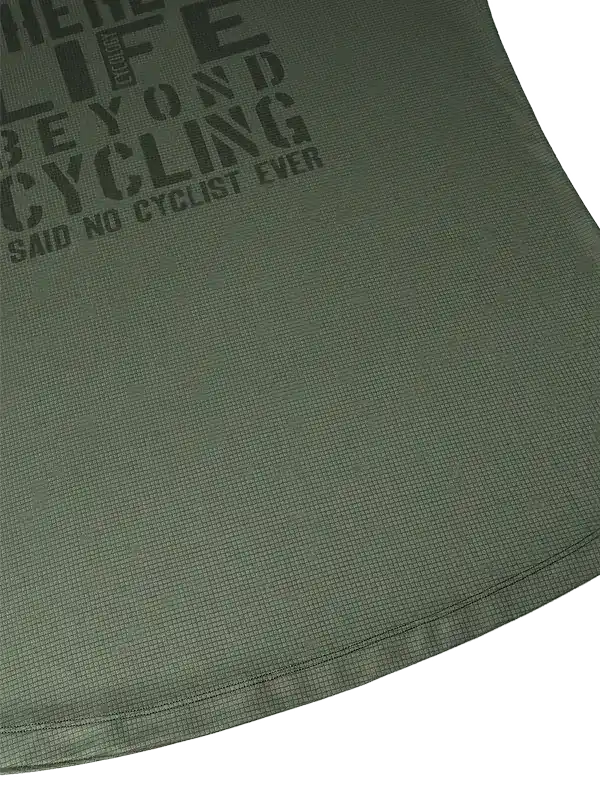 Olive green cycling jersey with bold text 'Life Beyond Cycling' on breathable fabric