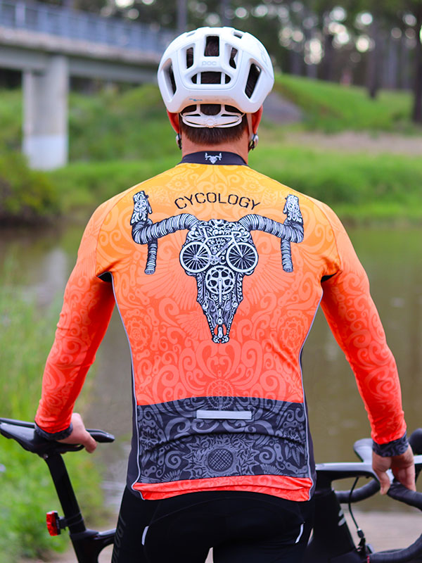 Life Behind Bars Men's Orange Long Sleeve Cycling Jersey back image on model  | Cycology AU
