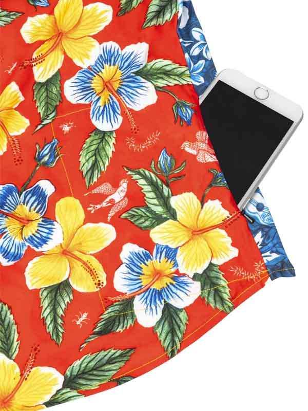 Red floral cycling shorts with hibiscus print and phone pocket, ideal for women's bike rides