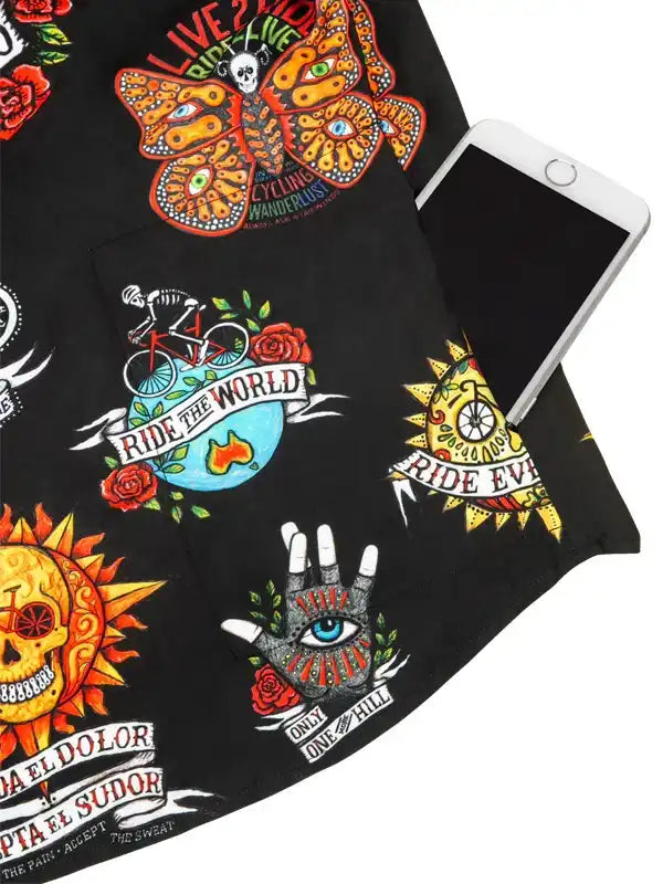 Black cycling jersey with bold tattoo-style graphics, including butterflies, skulls, and 'Ride the World' design.