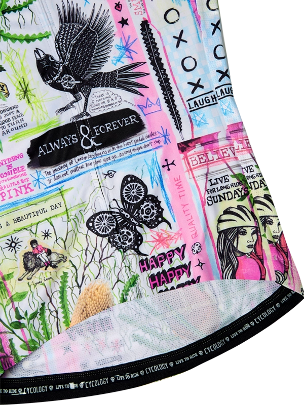 Colorful cycling jersey with artistic designs and text