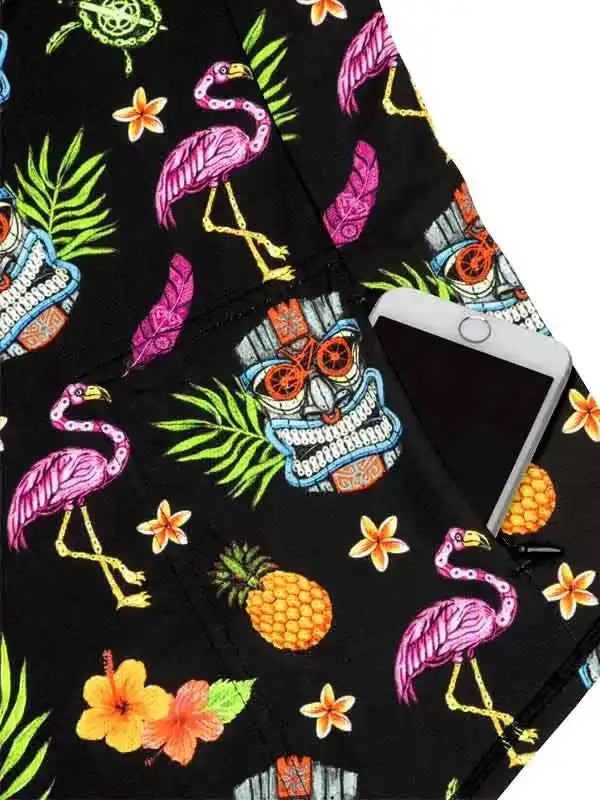 Black cycling shorts with flamingo, pineapple, and tropical print, featuring phone pocket