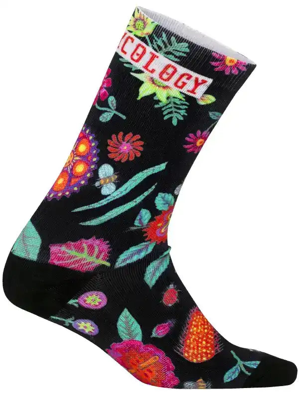 Black cycling sock with colorful floral and bee pattern, 'Cycology' logo on cuff