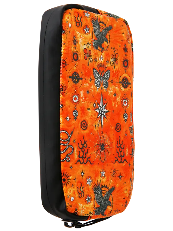 An orange zippered cycling wallet featuring a detailed black and white occult and mystical pattern with stars, butterflies, snakes, and symbols, shown against a plain white background.