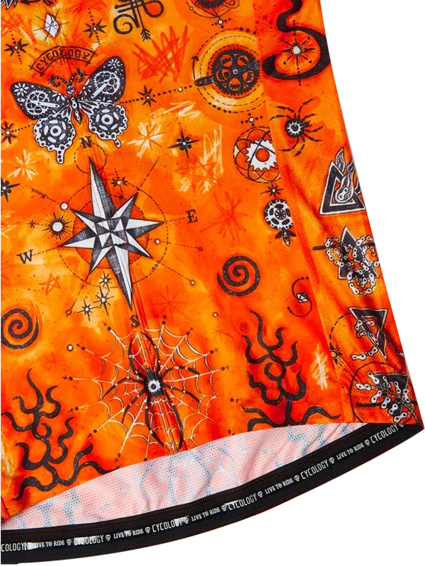 Vibrant orange cycling jersey with butterfly, compass, and spiderweb designs for men and women.