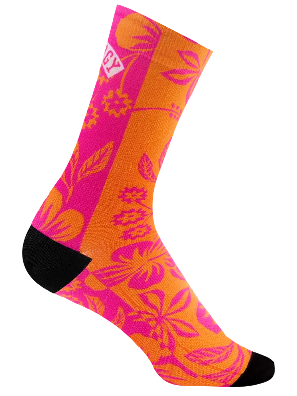 Colorful sock with pink and orange pattern on a white background