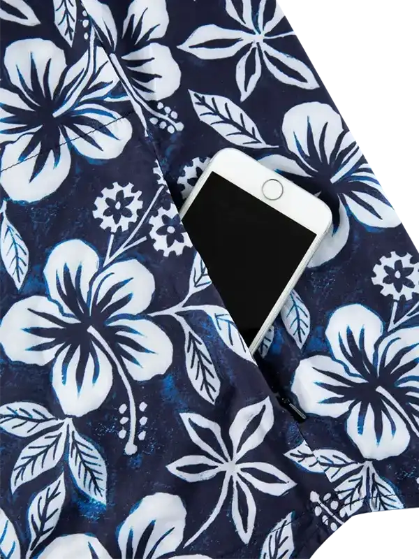 Navy blue cycling shorts with white floral print and phone pocket, ideal for women's bike rides