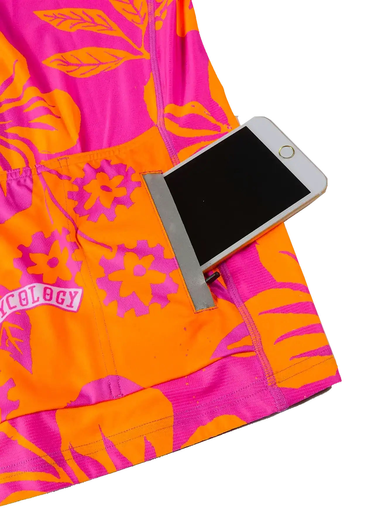 Vibrant pink and orange floral cycling jersey with phone pocket, featuring secure storage for rides.