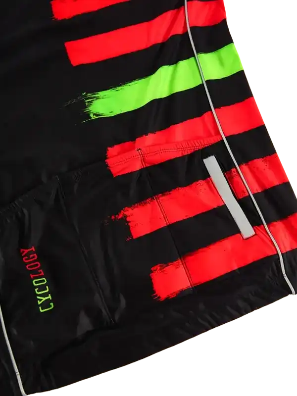 Men's cycling shorts with bold red and neon green stripes, reflective detail, and branded waistband
