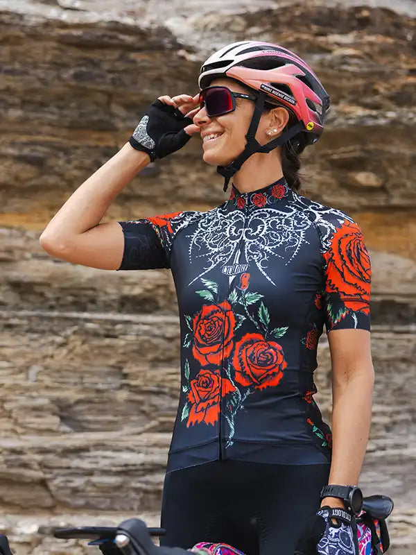 Red Rose Black Women's Cycling Jersey  on model | Cycology AUS