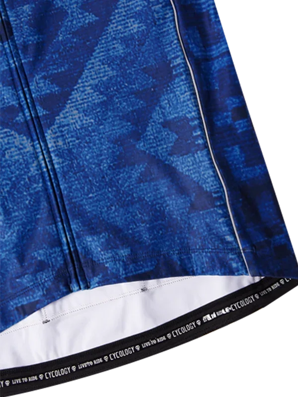 Blue patterned cycling jersey with 'LIVE TO RIDE' hem detail, breathable fabric for men's and women's rides