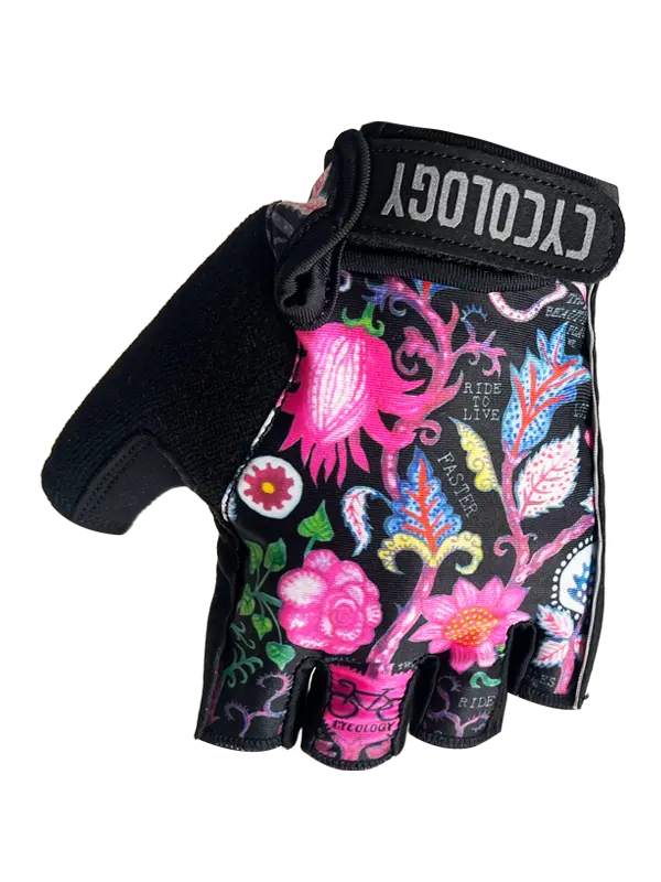 Gloves with colorful floral and abstract designs on a black background, featuring the brand 'CYCLOLOGY'.