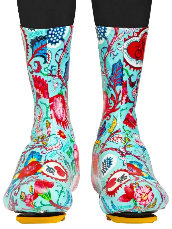 Colorful floral cycling shoe covers with vibrant patterns for road bike rides