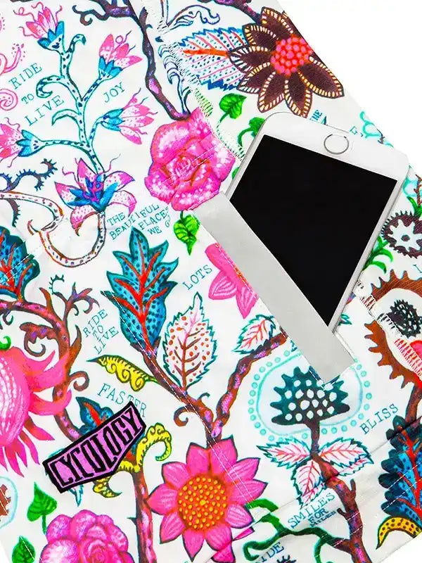Vibrant floral cycling jersey with 'Ride to Live' print, phone pocket, and colorful botanical design