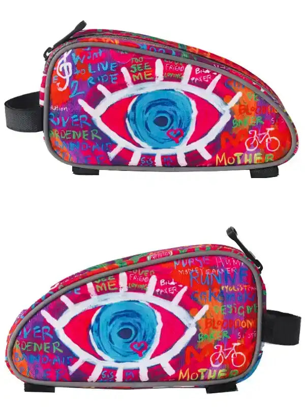 Colorful cycling saddle bag with eye graphic and graffiti-style text, perfect for bike riders