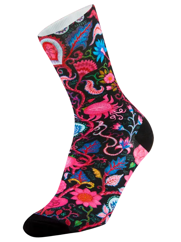 Colorful floral-patterned sock on a black background