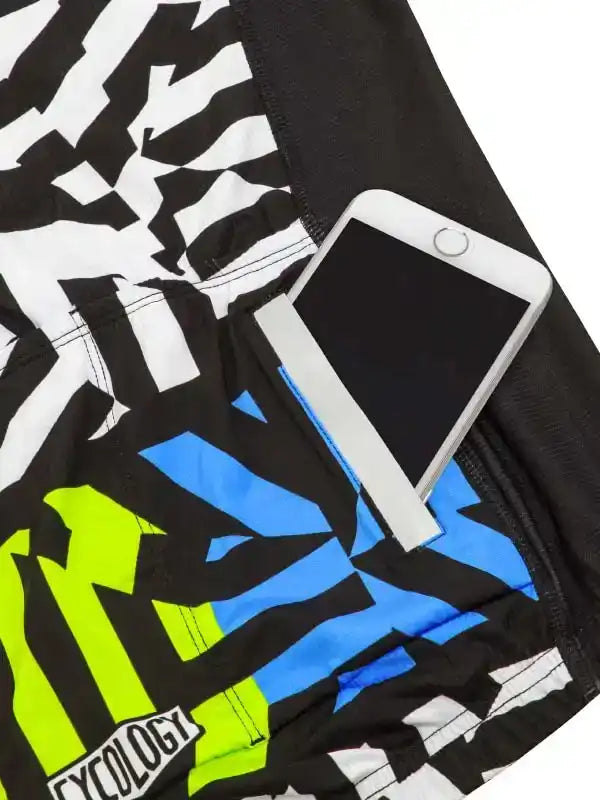 Cycling shorts with bold black, white, blue, and neon green graphic design featuring phone pocket