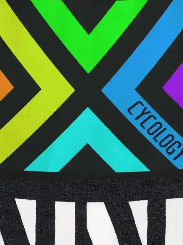 Vibrant geometric cycling jersey design with bold neon arrows and 'CYCOLOGY' text on black fabric