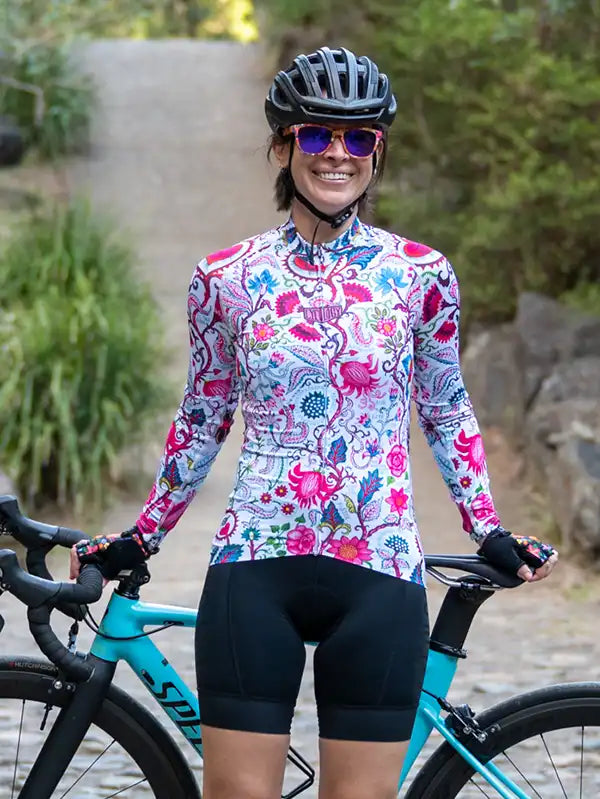 Secret Garden White Women's Long Sleeve Summer Cycling Jersey on model Cycology