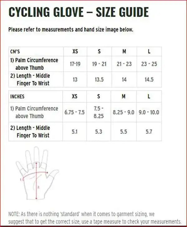 Cycling glove size chart with measurements in cm and inches for accurate fit