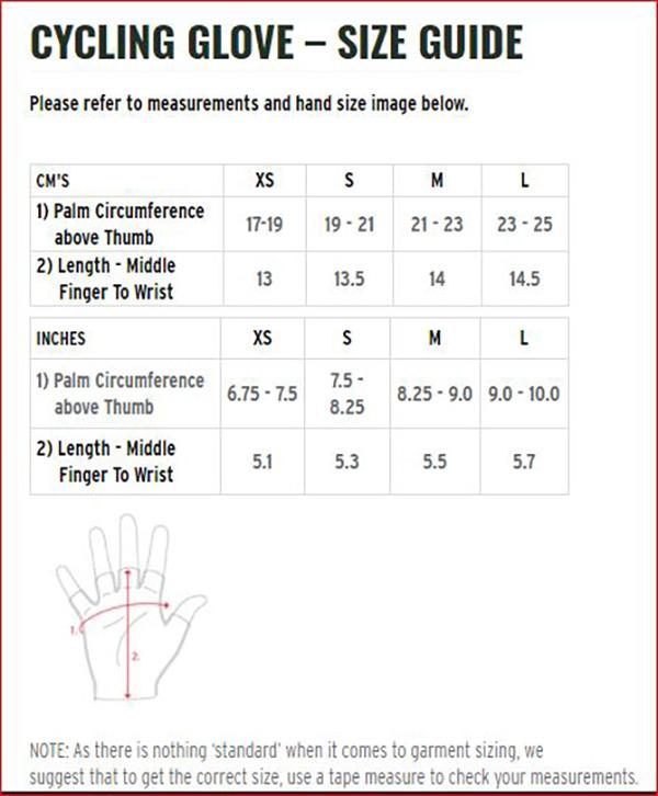 Cycling glove size guide with measurements for palm circumference and wrist length.