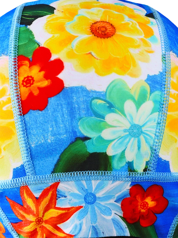 Colorful blue cycling beanie with floral design and Cycology branding