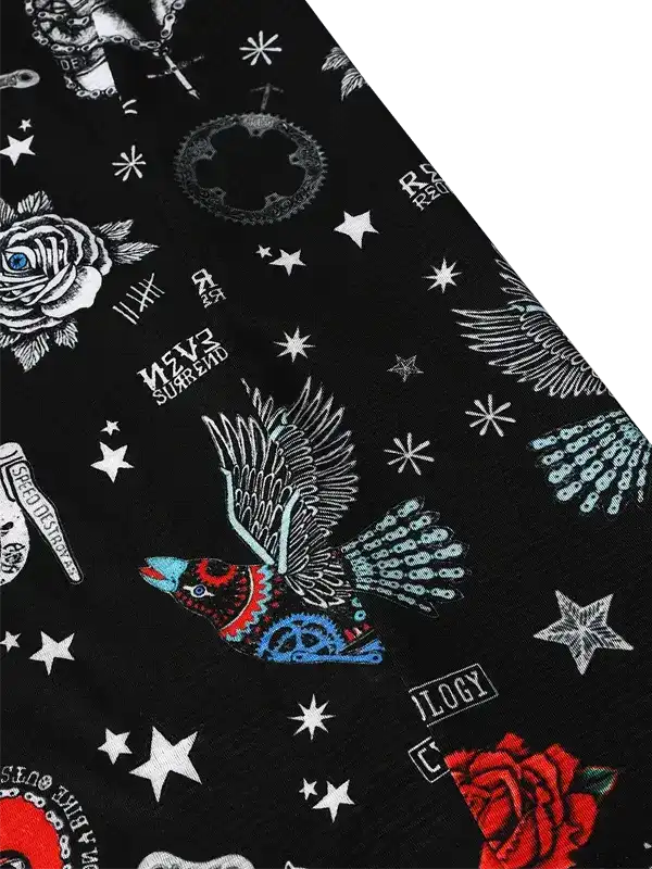 Black cycling jersey with bold graphic print: roses, stars, and a colorful bird design.